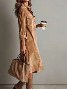Women's Solid Color Corduroy Shirt Dress, Elegant And Stylish, Fashion Versatile, Spring/Autumn - Brown - View 6