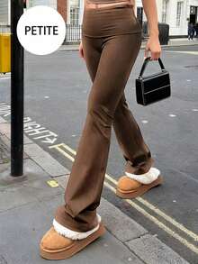 Brown Petite High Waist Flare Pants Women's Slim Fit Stretchy Trousers - Brown - View 1