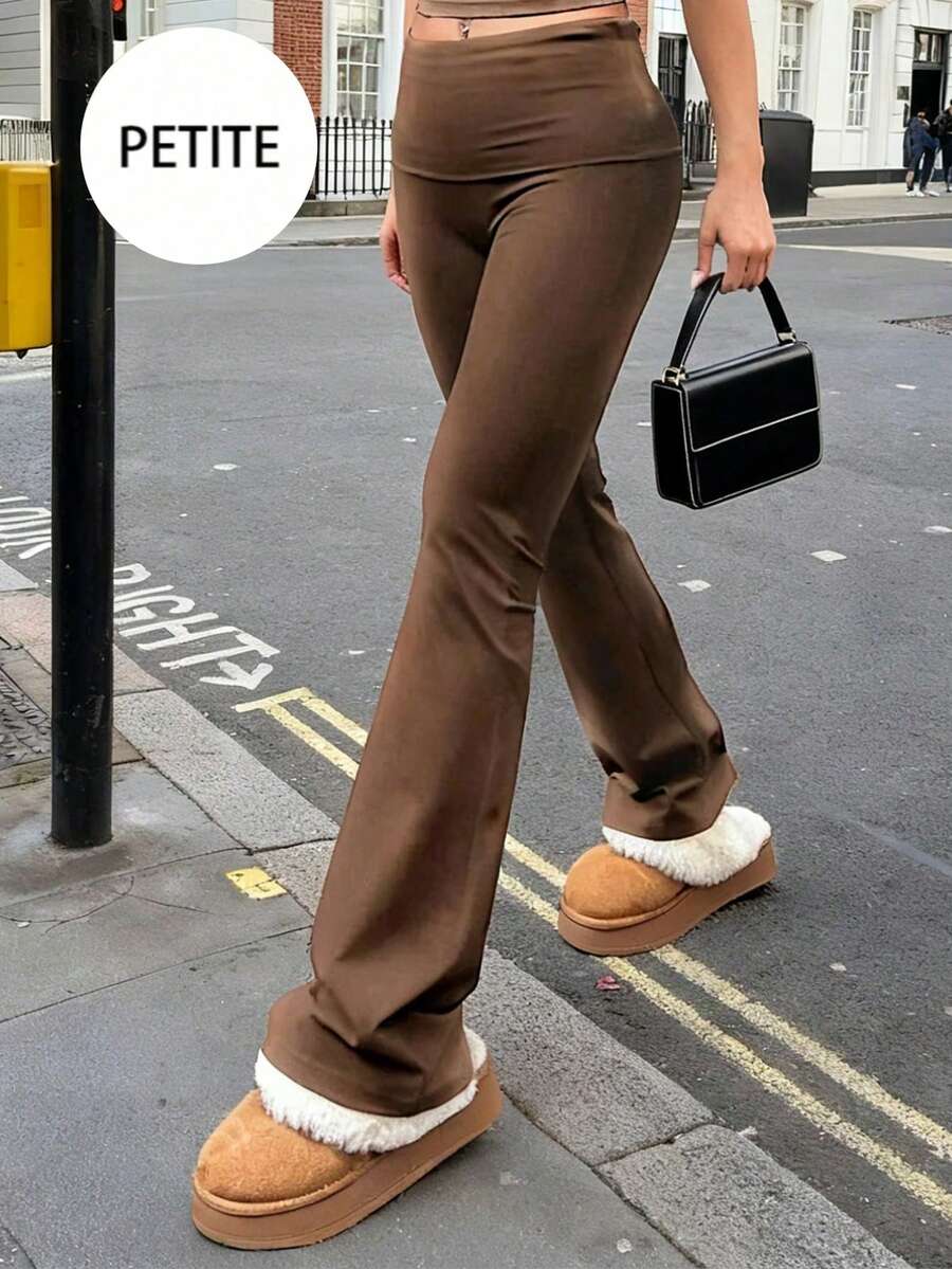 Brown Petite High Waist Flare Pants Women's Slim Fit Stretchy Trousers - Brown - View 1