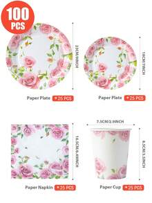 25 chiếc đĩa, khăn ăn và cốc dùng một lần theo chủ đề hoa hồng, nền trắng với hoa hồng màu hồng, phù hợp cho 25 khách, đĩa giấy dùng một lần, đồ dùng tiệc tùng cho sinh nhật, đám cưới, tiệc tùng, dã ngoại gia đình - Nhiều màu - Xem 2