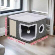 Luxury 4-Season Multi-Level Cat House: Foldable Indoor Play Cube With 2-Layer Bed, Toy Tunnel, Scratching Board, Climbing Rope, Soft Cushions, And Non-Slip Base - Perfect Cat Cave & Warm Bed For Small To Large Cats (Grey) - 39*39*32CM - 查看 7