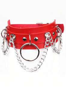 1件装女士金属圆盘颈链，PU皮革朋克夸张个性项链，街头风牵引链项圈