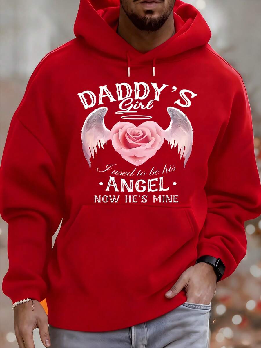 Daddy's Girl I Used To Be His Angel Now He's Mine Men's Hoodie With Rose Wing Print, Versatile Autumn And Winter Casual Top, Suitable For Leisure And Sportswear, Fashion Gift, Best Choice For Holiday Gifts. - 紅色 - 查看 1