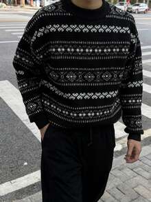 BAI YUE -Inspired Relaxed-Fit Geometric Pattern Crewneck Pullover Knit Sweater For Men, For Fall Winter - Black - View 2