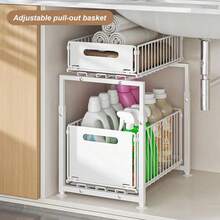 Organizador de 2 niveles debajo del fregadero con cajones de metal extraíbles, gabinete de almacenamiento de hierro para cocina y baño, altura ajustable, blanco - Blanco - Ver 1