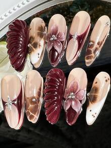 10pcs 3D Wavy, Floral Design Artificial Nails, Red-Brown Color, Almond Shape Press-On Nails, Handmade For Women & Girls Daily Wear Nail Supplies Handmade Press On Nails - 咖啡棕 - 查看 4