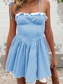 Women Plaid Mini Cami Dress Slim Ruffle Trim Tie-Up Spaghetti Strap A-Line Dress For Daily Party - 藍色 - 查看 1