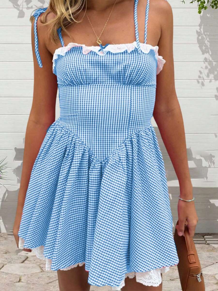 Women Plaid Mini Cami Dress Slim Ruffle Trim Tie-Up Spaghetti Strap A-Line Dress For Daily Party - 藍色 - 查看 1