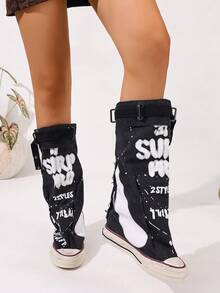 Western Buckle Holiday Mid Calf Boots For Women Retro Canvas Mid Calf Slouchy Wide Calf Flat Daily Work Shoes Fall/Winter Women's Round Toe Thick Sole Flat Short Boots, Casual Canvas Short Boots For Spring & Autumn,Boots For Women - 黑白花 - 查看 2