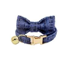 2件套新款热销编织猫项圈和领结套装，带铃铛、可调节金属扣、柔软舒适的双层织带，适合猫咪和小型犬，圣诞节和新年宠物配饰，优雅奢华的宠物礼物 - 寶藍色 - 查看 11