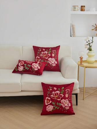 1 件红色花卉刺绣天鹅绒抱枕套，家居装饰，适用于客厅、卧室、派对、汽车、沙发等各种环境，四季皆宜