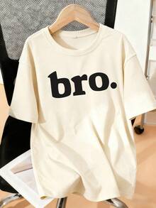 1 件青少年男孩“BRO”字母印花圆领短袖 T 恤，年轻学生休闲 T 恤上衣
