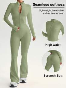 FWH 街头风两件套，收腹提臀，袖口带拇指孔，健身休闲两相宜，束身衣式拉链前襟，四向弹力喇叭裤，防滑腰带，塑形夹克拉链细节搭配提臀裤，提升自信套装，女士拉链前襟夹克和喇叭裤，两件套，女士春季必备 - 綠色 - 查看 2