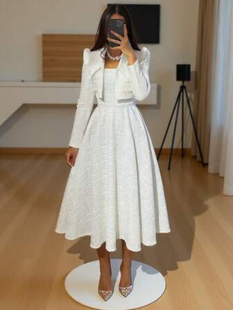 2pcs/Set Elegant French Vintage Coin Print Bodycon Slip Dress + Long Sleeve Top, Graceful White Dresses