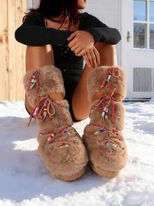 Women's Faux Fur Boots Winter Warm Fluffy Furry Mid Calf Snow Boots Flat Heel Comfortable Pull On Bead Embellished Shoes Christmas Gift - 駝色 - 查看 6