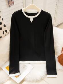 女士黑色二合一毛衣，长袖针织上衣，质感高级，可作内搭，秋冬季穿着