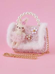 1pc Cartoon Rabbit & Fluffy Lace Pearl Decor PU Felt Material Flap Closure Chain Strap Casual Beaded Handbag, Crossbody Bag For Snacks & Coins, Suitable For Birthday Gift & Daily Use, Teens - Wool Lace - Rabbit - View 10