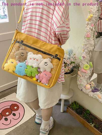 1pc Blue Transparent Patchwork Canvas Crossbody Bag, Cute Shoulder Bag, Anime Style Handbag For Women