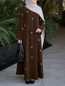 女款蝴蝶刺繡優雅伊斯蘭式長袍，長款正式與休閒節慶禮服，拖地長裙，棕色秋季款 - 棕色 - 查看 2