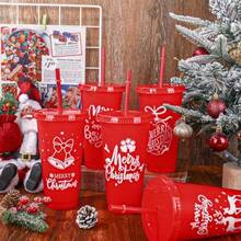 D12Pcs Merry Christmas Plastic Cups With Lids Straws 24 Oz Red Xmas Drinking Cups Reusable Tumbler For Cold Beverage Drink Party Favors Plies - Đỏ - Xem 4