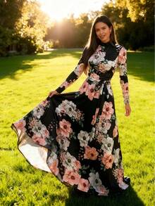 High Neck Floral Print Dress With Belt Elegant Dress For Women Fashion,Floral Print Dress With Wide Sleeves - 黑色 - 查看 4