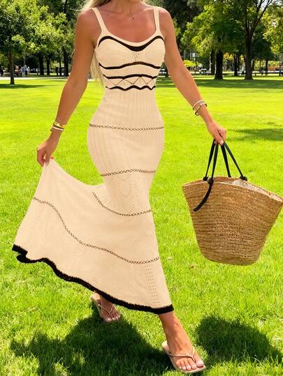 Women's Vacation Summer Beach Cover Up Dress - Black & White Striped Wave Weave Strap Bodycon Knit Long Sling Dress, Elegant Bikini Up, Lightweight Sweater- Maxi Sleeveless Square Neck Sweater Dresses Sets Matching Knitted Spaghetti Fishtail Midi For Women, Spring Summer Fall Winter