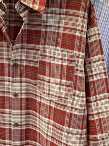 Women's Vintage Red Plaid Front Button Pocket Casual Shirt, Suitable For All Seasons - Red - View 5