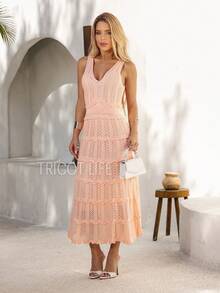 Women's Midi Dress, Knit, Summer, Crochet, Ruffles, Party, Beach, Elegant, Christmas, New Year's Eve, Premium - 珊瑚橙 - 查看 2