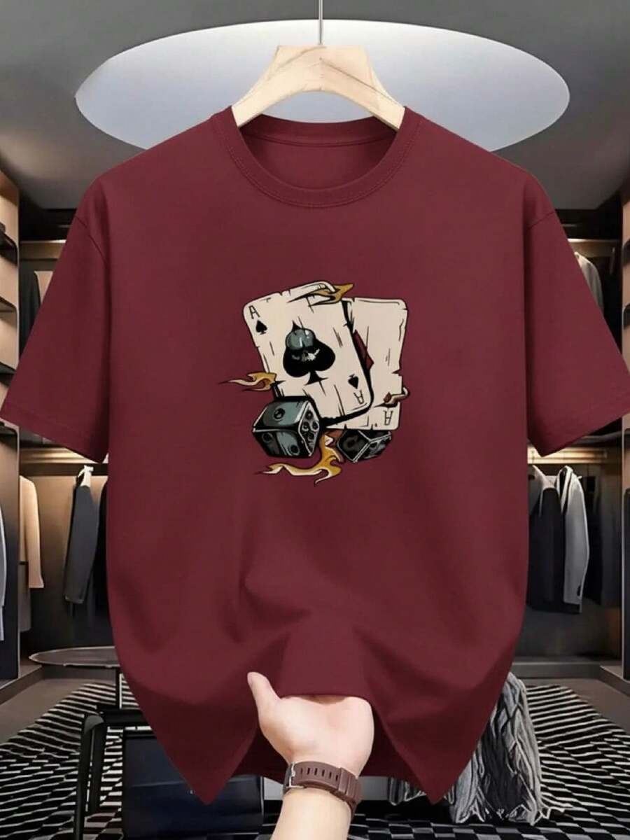 Men's T-Shirt Gift For Him Printed With Fire Letters Casual Comfortable Gym Workout Shirt With Crew Neck And Short Sleeves - 紫紅色 - 查看 1