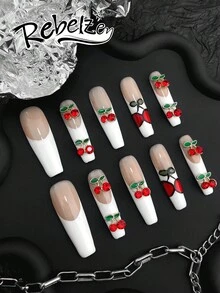 10 Pieces Of Hand Pressed Coffin-Shaped Nails, Beautiful Fake Nails, DIY,Nude-White Gradient Cherry With Red Diamond Three-Dimensional Decorations Hand-Painted Cherries, A Collision Of Sweetness And Coolness, Retro And Eye-Catching ,For Girls And Ladies In Weddings, Parties, Holiday Scenes, Gift A Nail Kit