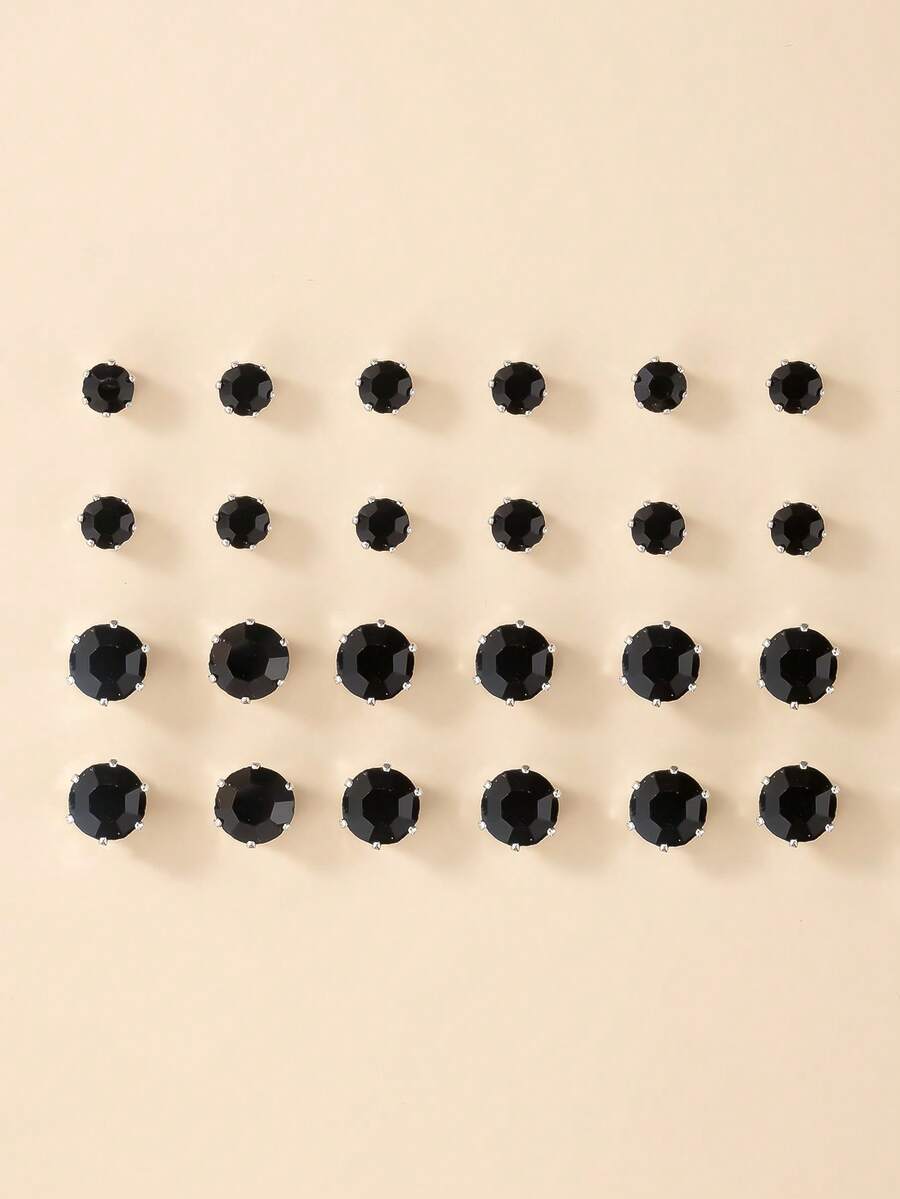 1 Set Of 12 Pairs Fashion Cubic Zirconia Stud Earrings Set, Suitable For Men And Women, Daily Wear, Holiday Gift, Jewelry - Black - View 1