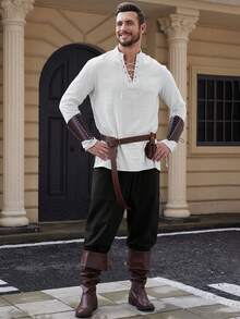 Men's Long Sleeve Shirt With Drawstring Design, Medieval Viking Costume For Festivals And Parties - White - View 9