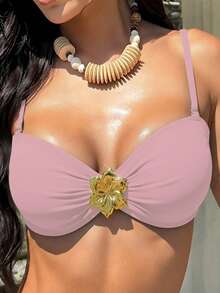 Women's Sexy Solid Color Halter Bikini Top With Knot, Perfect For Beach And Summer Sexy Solid Color Bandeau Bikini Top With Metal Flower Decor, For Swimming Pool & Beach, For Summer Vacation,Removable Swimwear Pads,Holiday Outfits,Beach,Summer Tops,Summer Outfits,Festival,Ibiza Outfits,Swimwear Women,Bikini,Swimming Costume Women,Beach Wear Women,Swimsuit,Vacation Outfits,Summer Top - Baby Pink - View 13