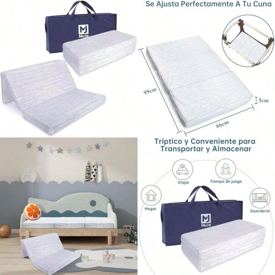 Muja Colchon para Cuna de Esponja de Alta Precisión, Colchoneta Plegable con Funda Extraíble con Cremallera y Bolsa de Transporte, 100 x 66 x 5 cm, Colchon Cuna de Viaje Impermeable, Portátil y Cómodo(default) - Multicolor - Ver 1