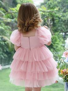 Baby Girls' Pink 3D Butterfly Tulle Puff Sleeve Elegant Party Princess Dress, Suitable For 1st Birthday Gift, Wedding Flower Girl, Banquet, Prom, Holiday Celebration - Pink - View 2