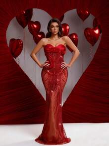 Astony One New Sexy Fitted Elegant Sequin Embellished Strapless Dress, Red Evening Gown Suitable For New Year, Valentine's Day, Carnival, Music Festival Parties, Engagement, Wedding, Birthday, Red Carpet Events - Red - View 3