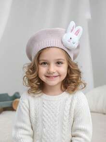 1 pieza Boina de conejo para niñas, boina de invierno cálida, boina de conejo tejida linda, de vuelta a la temporada escolar, otoño/invierno, sombrero decorativo para niñas, boina de pintor - 1PC - Ver 12