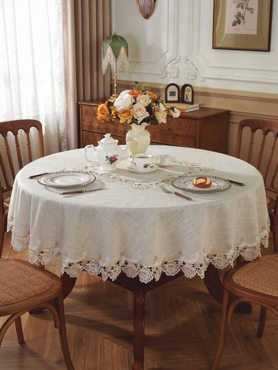1pc Polyester Linen Fabric Double-Color Water-Soluble Lace Edge Round/Square Tablecloth, Heat & Stain Resistant Table Mat For Kitchen, Dining Room, Living Room, Home Decor, Holiday, Birthday, Villa Party, Outdoor, Wedding