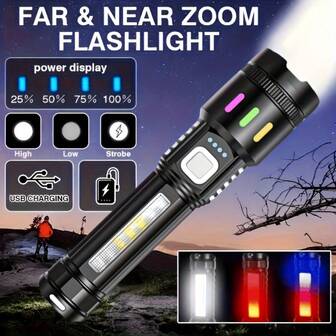 户外高功率LED手电筒，可充电，可调节变焦，USB充电，侧面手持式设计，五种照明模式，适用于露营、钓鱼、狩猎、登山、巡逻、探险等活动。