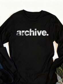 Black Crew Neck 230g Pure Cotton Long Sleeve T-Shirt, With Archive Distressed Letter Graphic Long Sleeve T-Shirt, Street Fashion, Autumn And Winter Essentials - 黑色 - 查看 2