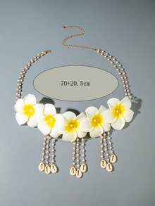 imoli 1pc Fashionable & Fresh Frangipani/Plumeria Flower, Faux Pearl & Shell Tasseled Waist Chain, Sexy Beach Outfit For Wedding, Beach Party, Gift (Faux Pearl & Shell Sizes Vary, Quantity Undefined) - Multicolor - View 8