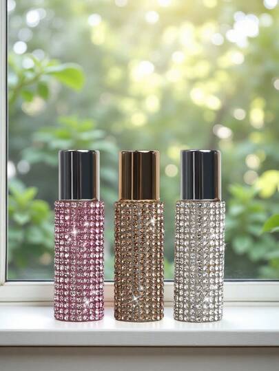 1pc 5ml Luxury Perfume Oil Glass Bottle, 0.18oz - Handmade Diamond Studded Refillable Portable Roller Bottle, Aromatherapy Essential Oil Vial, Home Bathroom Decor, Fall Decor, Back To School; Travel, Gift, Daily Use, Elegant Atomizer