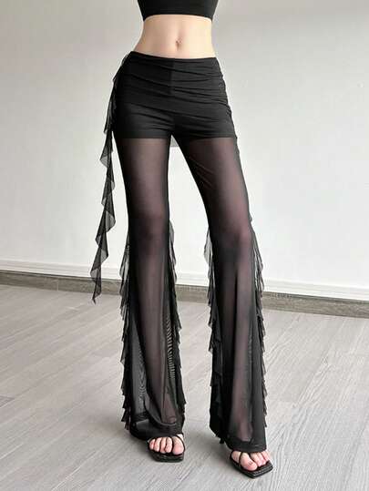 Pantalones largos rectos de mujer con volantes de malla transparente, con detalles de tela de punto elástica media, y ropa cómoda para estar en casa, vacaciones, viajes y carnavales