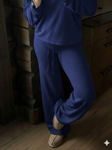 Women's Casual Black Wide Leg Fabric Pants With Drawstring Detail Long Medium Stretch - Navy Blue - View 2