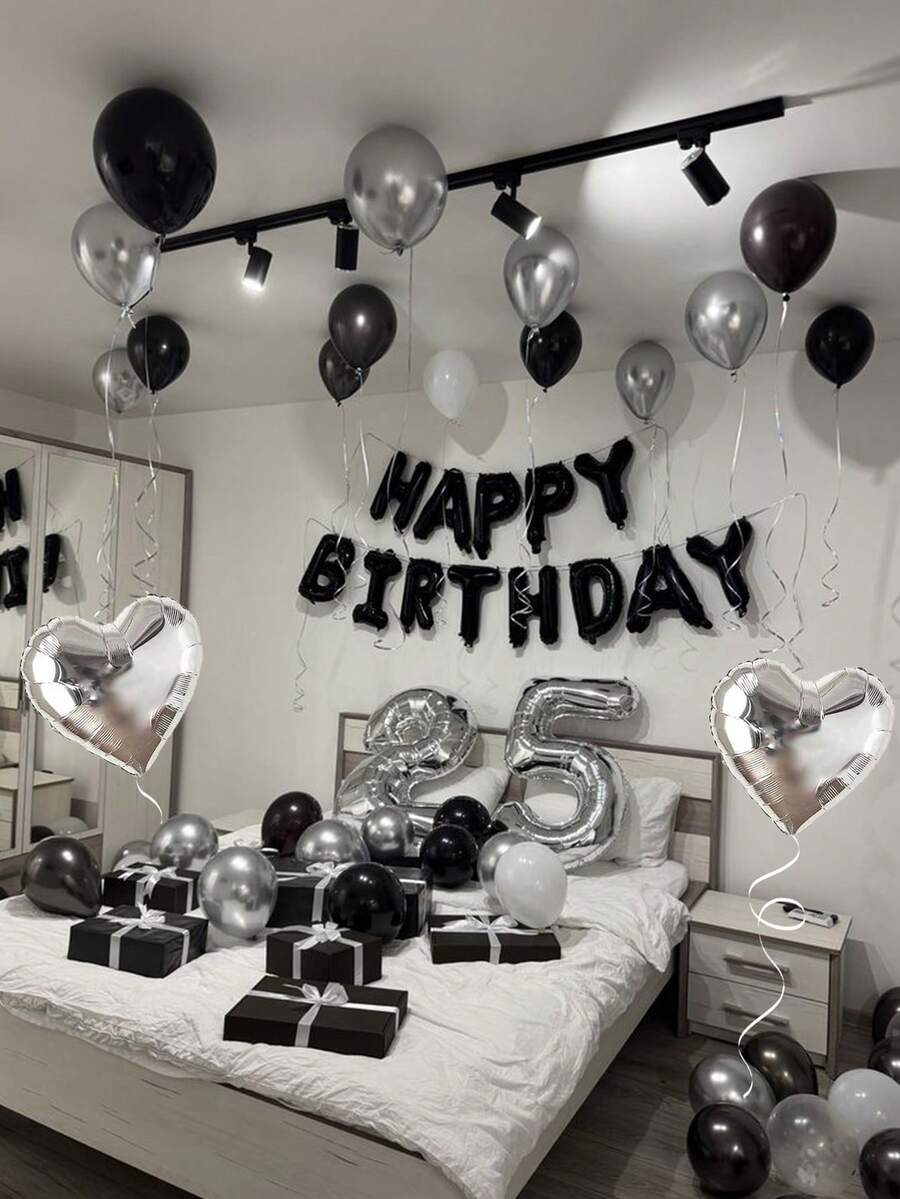 65件/套黑色银色生日快乐气球套装，包含16英寸黑色生日气球、银色心形气球和银色金属气球，适用于生日派对、成人派对、拍照背景、周年纪念、婴儿派对、家居装饰。 - 彩色 - 查看 1