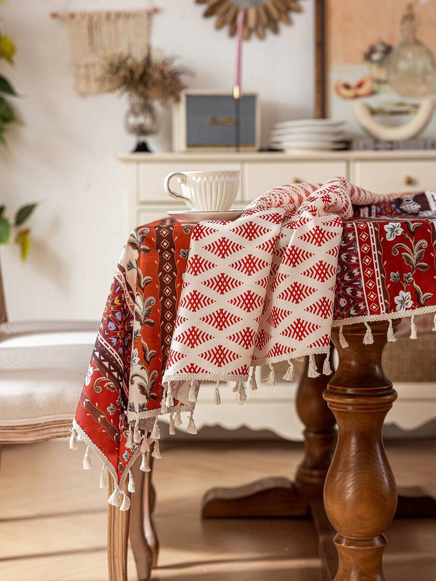 1 pièce Nappe rectangulaire bohème, motif géométrique de losanges rouges, décoration de franges beiges, lavable, nappe de table à manger, décoration de dessus de table, décoration de fête, nappe de fête, convient pour les rassemblements, les dîners, les fêtes, toutes les saisons - Rouge - Voir 1