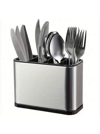 1 pieza Organizador de cubiertos de acero inoxidable moderno con base antideslizante y compartimentos separados - Caja de almacenamiento de cocina resistente al óxido con tapa negra, soporte ahorra espacio para tenedores, cucharas y palillos - Regalo ideal para uso doméstico y comercial (apto para lavavajillas, resistente a arañazos) - Diseño rectangular estilizado con esquinas redondeadas, base negra resistente, estilo minimalista adecuado para cocinas modernas, utensilios de cocina duraderos, elección del chef profesional