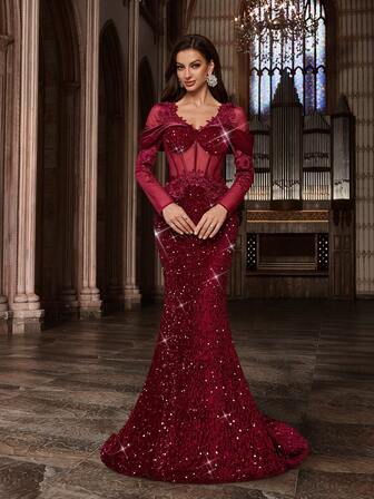 QOQ Sexy Women Sequins Party Formal Dress Appliques Elegant Evening Gown For Cocktail Party, Dinner, Galas, Prom Solid Color Long Sleeve V Neck Mermaid Hem Maxi Dresses