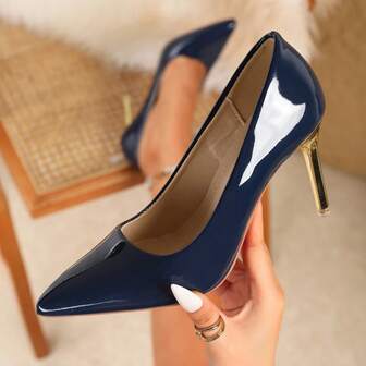 Women's Elegant Stiletto Heels, Fashion Pointed Toe, Versatile Lightweight New Navy Blue High Heels, Glossy Sparkling Sexy High Heel Pumps