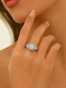 1入組時尚雙層,四爪,方晶鋯石訂婚戒指適合女士 - 銀色 - 查看 3